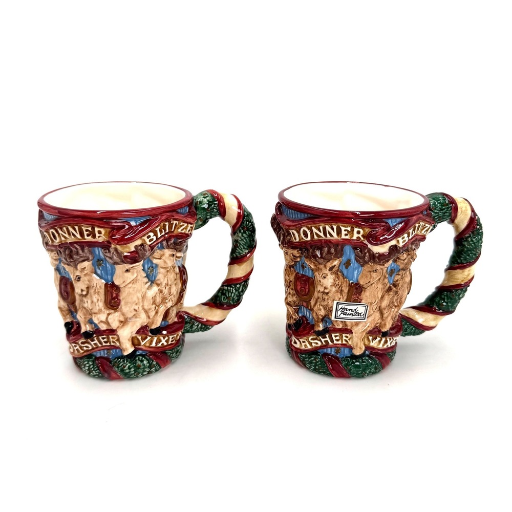 Fitz and Floyd 1993 Santa Reindeer Coffee Mugs Set of 2 Hand Painted 3D Ceramic